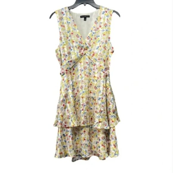 Banana Republic | Yellow Floral Ruffle V Neck Fit and Flare Dress size 0P - Picture 3 of 10